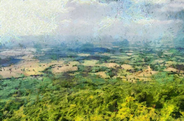 Mountain Landscape Looks Far Ground Rice Fields Illustrations Creates Impressionist — Stock Photo, Image