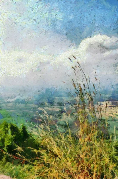 Mountain Landscape Looks Far Ground Rice Fields Illustrations Creates Impressionist — Stock Photo, Image