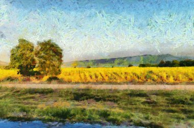 Çayırlarda ve tarlalarda bulutlar var. Resimler, empresyonist bir resim tarzı yaratıyor..