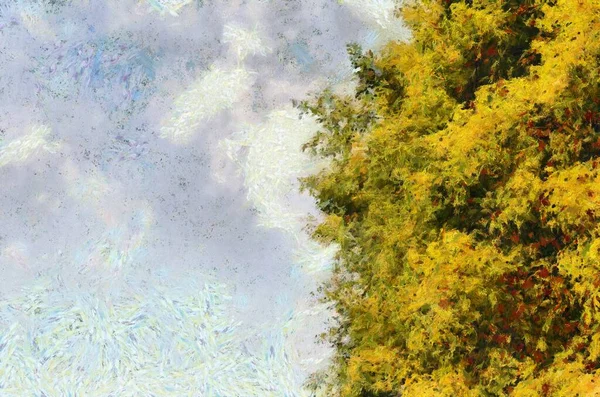 天空中的大树的叶子和枝条在冲浪背景下形成了一种印象派风格的绘画 — 图库照片