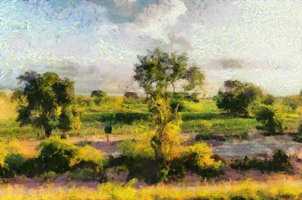 Prados Campos Céu Nuvens Ilustrações Cria Estilo Impressionista Pintura — Fotografia de Stock