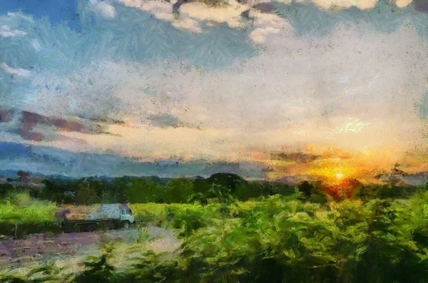 Łąki Pola Niebie Chmury Ilustracje Tworzą Impresjonistyczny Styl Malarstwa — Zdjęcie stockowe