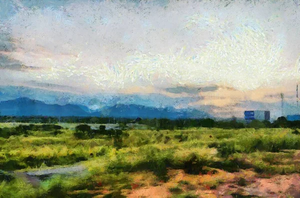 Prados Campos Céu Nuvens Ilustrações Cria Estilo Impressionista Pintura — Fotografia de Stock