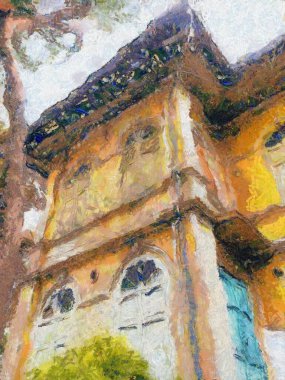 Koloni tarzı antik mimari illüstrasyonlar empresyonist bir resim tarzı yaratıyor..