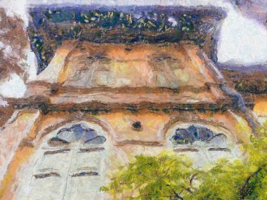 Koloni tarzı antik mimari illüstrasyonlar empresyonist bir resim tarzı yaratıyor..