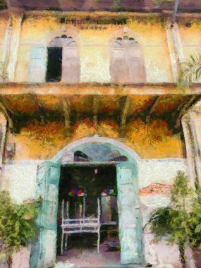 Koloni tarzı antik mimari illüstrasyonlar empresyonist bir resim tarzı yaratıyor..