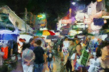 Bangkok 'un gece hayatı illüstrasyonlarının insanları ve sokakları empresyonist bir resim tarzı yaratıyor.