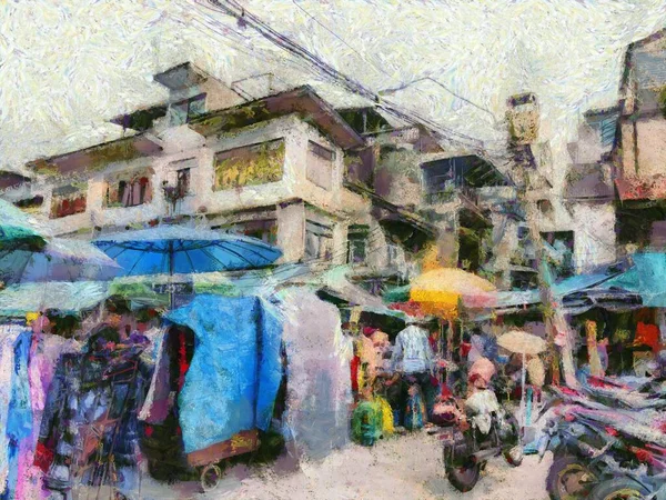 Mercado Roupas Por Atacado Bangkok Ilustrações Cria Estilo Impressionista Pintura — Fotografia de Stock