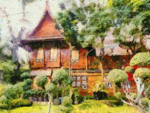 Ancient Buildings Thai Architecture Styles Illustrations Creates Impressionist Style Painting — Stock Photo, Image