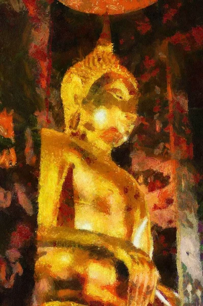 Goldene Antike Buddha Statue Illustrationen Schafft Einen Impressionistischen Malstil — Stockfoto