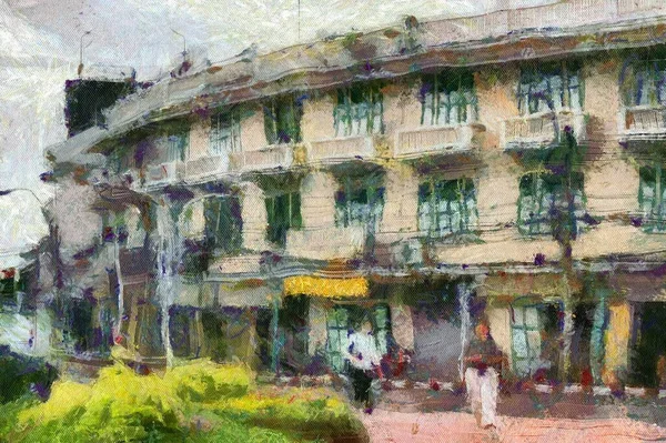 曼谷的古代殖民建筑图解创造了一种印象派风格的绘画 — 图库照片