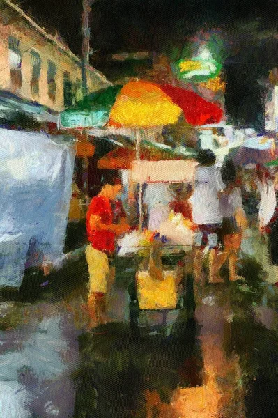 Street food in a trolleys in Bangkok. Illustration creating impressionist style.