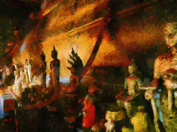 古い寺院の大小の黄金の仏像イラスト印象派の絵画を作成 — ストック写真