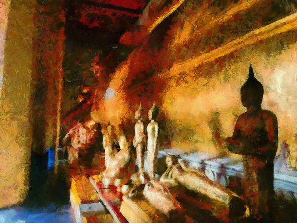 Große Und Kleine Antike Goldene Buddha Statuen Alten Tempeln Illustration — Stockfoto