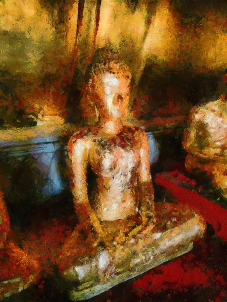 Große Und Kleine Antike Goldene Buddha Statuen Alten Tempeln Illustration — Stockfoto