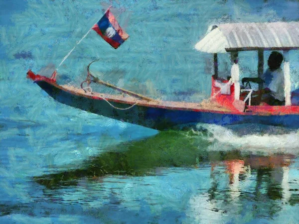 Bootsfahrt Auf Dem Mekong Illustrationen Schafft Einen Impressionistischen Malstil — Stockfoto