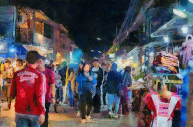 Chiang Khan Walking Street Chiang Khan kültürel bir turizm merkezi olarak bilinir Illustrations bir izlenimci resim stili oluşturur.