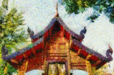 Kuzey Tayland tarzında antik tapınaklar, sanat ve mimari çizimler empresyonist bir resim tarzı yaratır..