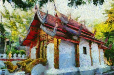 Kuzey Tayland tarzında antik tapınaklar, sanat ve mimari çizimler empresyonist bir resim tarzı yaratır..