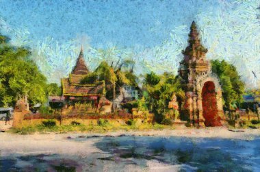 Kuzey Tayland tarzında antik tapınaklar, sanat ve mimari çizimler empresyonist bir resim tarzı yaratır..