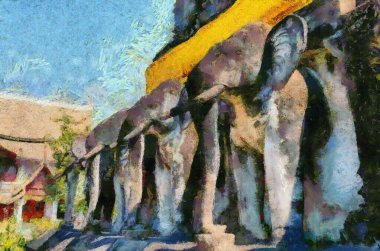 Antik fil heykelleri, sanat ve mimari, Kuzey Tayland tarzında illüstrasyonlar izlenimci bir resim tarzı yaratır..