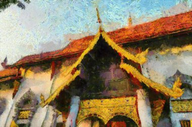 Kuzey Tayland tarzında antik tapınaklar, sanat ve mimari çizimler empresyonist bir resim tarzı yaratır..