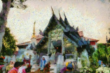 Kuzey Tayland tarzında antik tapınaklar, sanat ve mimari çizimler empresyonist bir resim tarzı yaratır..
