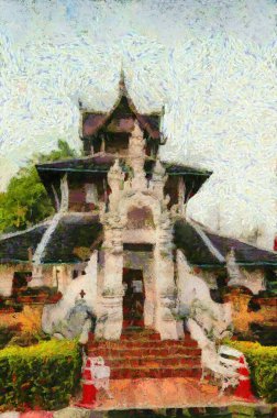 Kuzey Tayland tarzında antik tapınaklar, sanat ve mimari çizimler empresyonist bir resim tarzı yaratır..
