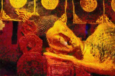 Buda heykeline yaslanarak eski bir Buda heykelini çizmek empresyonist bir stil yaratıyor..