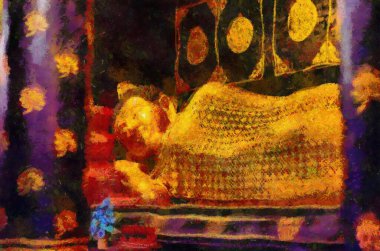 Buda heykeline yaslanarak eski bir Buda heykelini çizmek empresyonist bir stil yaratıyor..