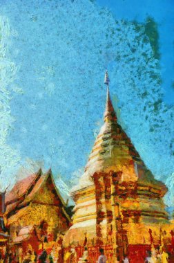 Wat Phra Doi Suthep Tapınağı Chiang Mai Tayland İllüstrasyonları izlenimci bir resim stili yaratıyor..