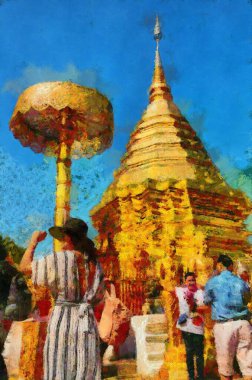 Wat Phra Doi Suthep Tapınağı Chiang Mai Tayland İllüstrasyonları izlenimci bir resim stili yaratıyor..