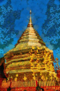 Wat Phra Doi Suthep Tapınağı Chiang Mai Tayland İllüstrasyonları izlenimci bir resim stili yaratıyor..