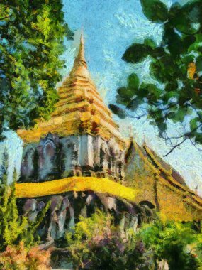 Antik pagoda çizimleri empresyonist bir resim stili yaratıyor.