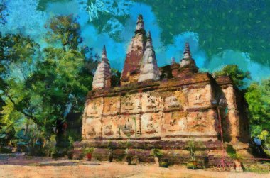 Wat Chet Yot tapınağı, antik pagoda sıva tasarımlarıyla dekore edilmiş. Bir Bodh Gaya pagoda Hindistan İllüstrasyonları Empresyonist bir resim stili yaratıyor.