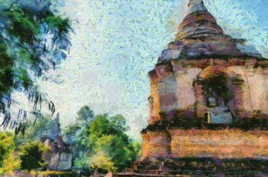 Antik pagoda çizimleri empresyonist bir resim stili yaratıyor.
