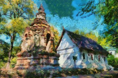 Antik pagoda çizimleri empresyonist bir resim stili yaratıyor.