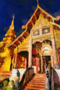 Wat Phra Singh Tapınağı Chiang Mai Tayland Illustrations, empresyonist bir resim stili yarattı..