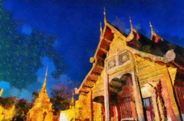 Wat Phra Singh Tapınağı Chiang Mai Tayland Illustrations, empresyonist bir resim stili yarattı..