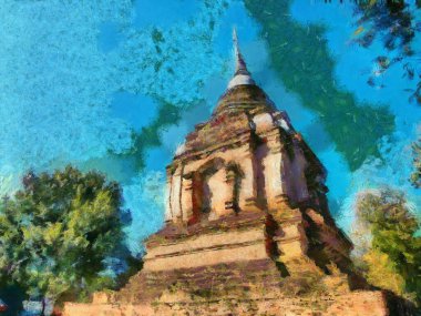 Antik pagoda çizimleri empresyonist bir resim stili yaratıyor.