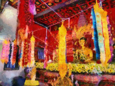 Buda heykeli. Eski bir Buda heykeli. Resimler empresyonist bir resim tarzı yaratıyor..