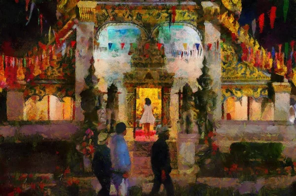 Ancient thai temple Illustrations creates an impressionist style of painting.