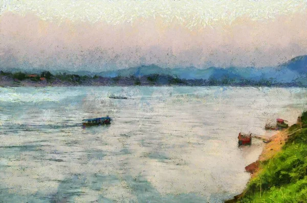 湄公河风景秀丽的河流图景创造了一种印象派风格的绘画 — 图库照片