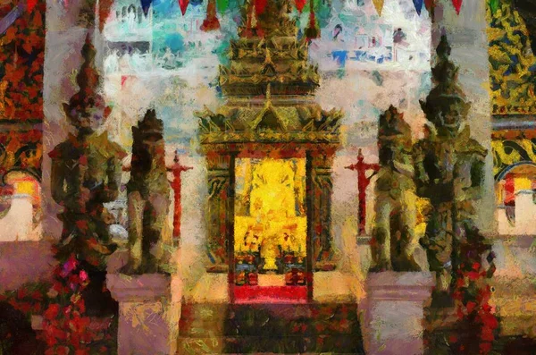 Ősi Thai Templom Illusztrációk Létrehoz Egy Impresszionista Stílusú Festészet — Stock Fotó