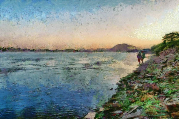 Krajobraz Rzeki Mekong Ilustracje Tworzy Impresjonistyczny Styl Malarstwa — Zdjęcie stockowe
