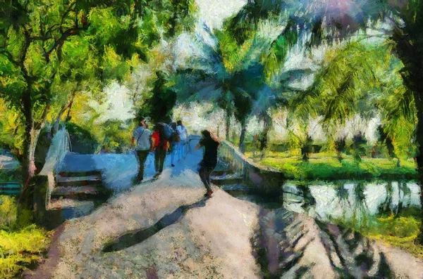 Άνθρωποι Περπατούν Γύρω Από Πάρκο Μια Ηλιόλουστη Μέρα Εικονογραφήσεις Δημιουργεί — Φωτογραφία Αρχείου