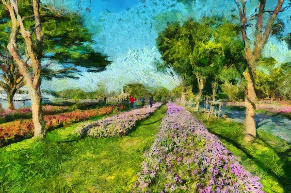 Güneşli bir günde parkta gezinen insanlar çizimlerin empresyonist bir stil yarattığını görürler..