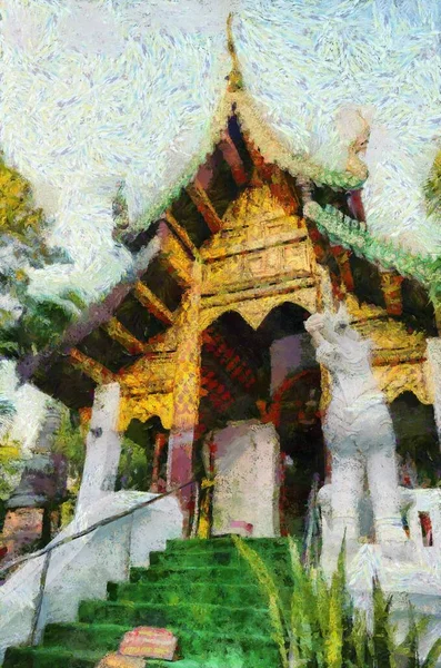 タイ北部の古代寺院 イラスト 絵画の印象派スタイルを作成 — ストック写真
