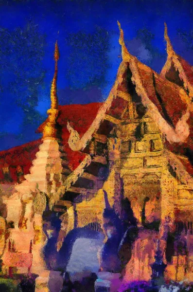 Стародавні Храми Мистецтво Архітектура Північному Тайському Стилі Ілюстрації Створюють Імпресіоністський — стокове фото