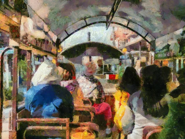 Tur otobüsündeki turistler Illustrations, empresyonist bir resim tarzı yaratıyor.